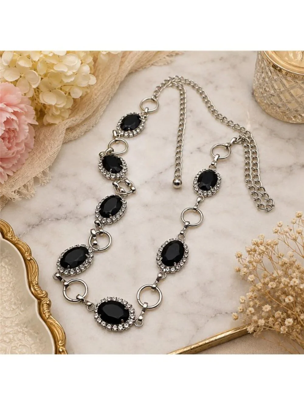 Black Faceted Glass Crystal Chain Belt Silver Tone Adjustable 44 In Statement